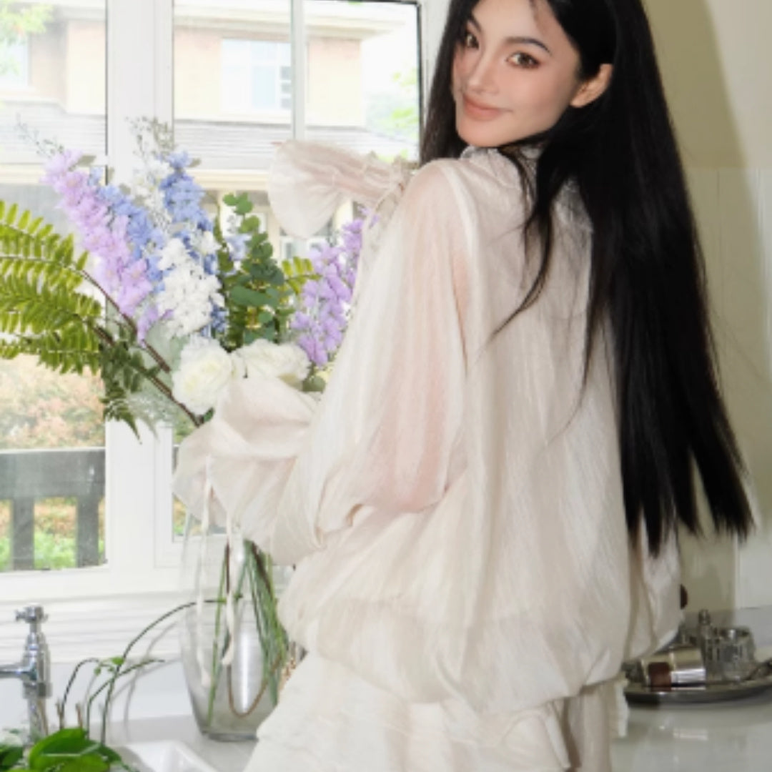 Lace Lantern Sleeve Shirtbase Shorts SetWomens Twopiece Set