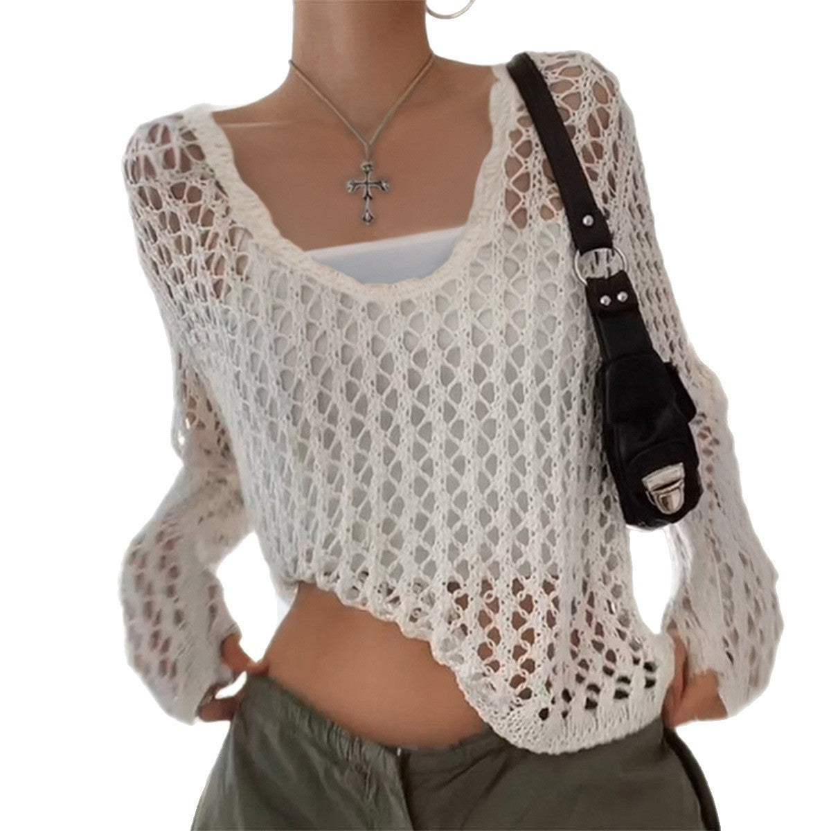 Hot Girl Style Long Sleeve Hollow T-shirt Woolen Women's Clothing - Elevate Your Wardrobe with Every Thread