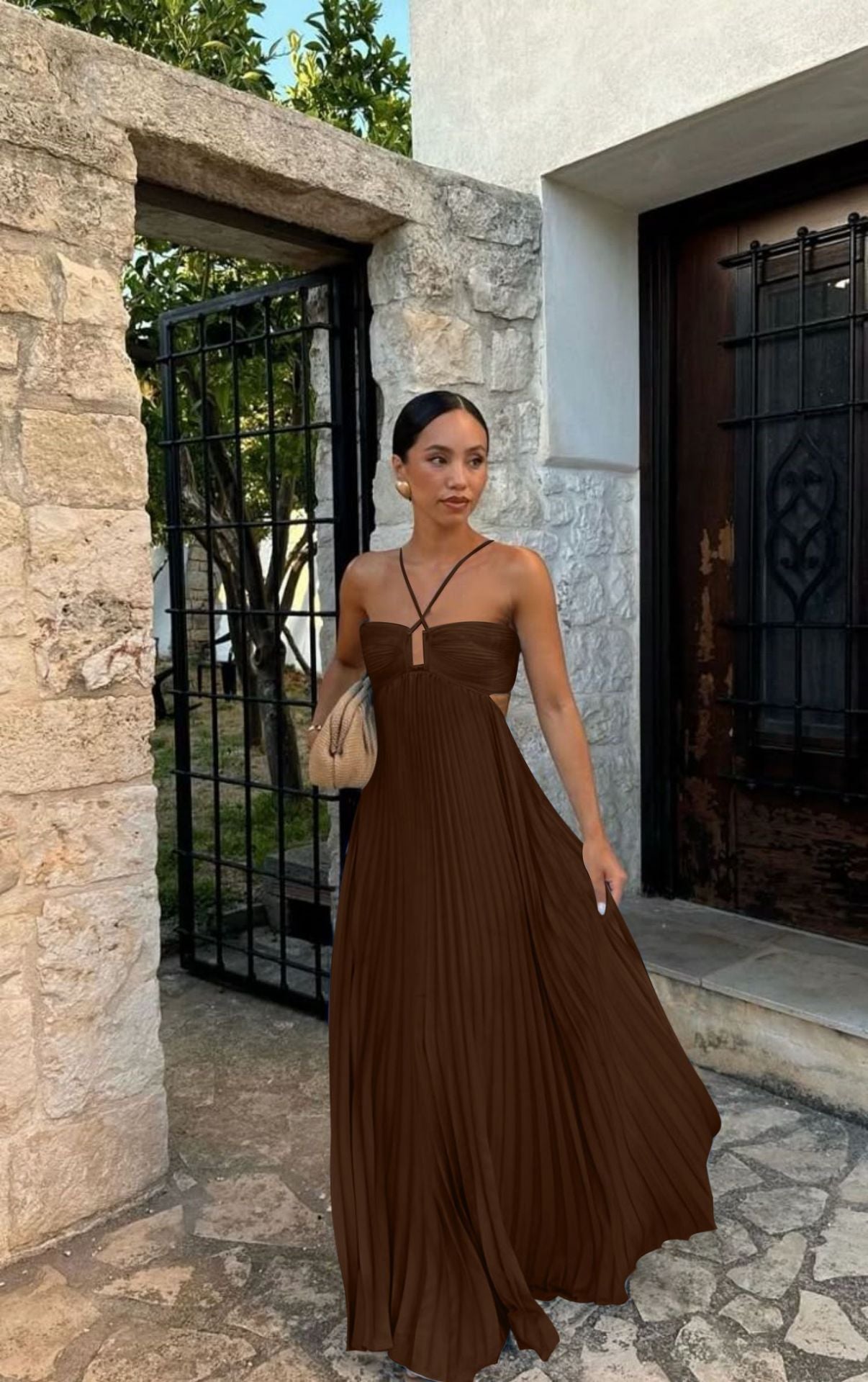 Ins Pleated Sleeveless Sling Dress Hollow High Waist Halter Robe Dresses For Evening Party Club Clothing Women - Elevate Your Wardrobe with Every Thread