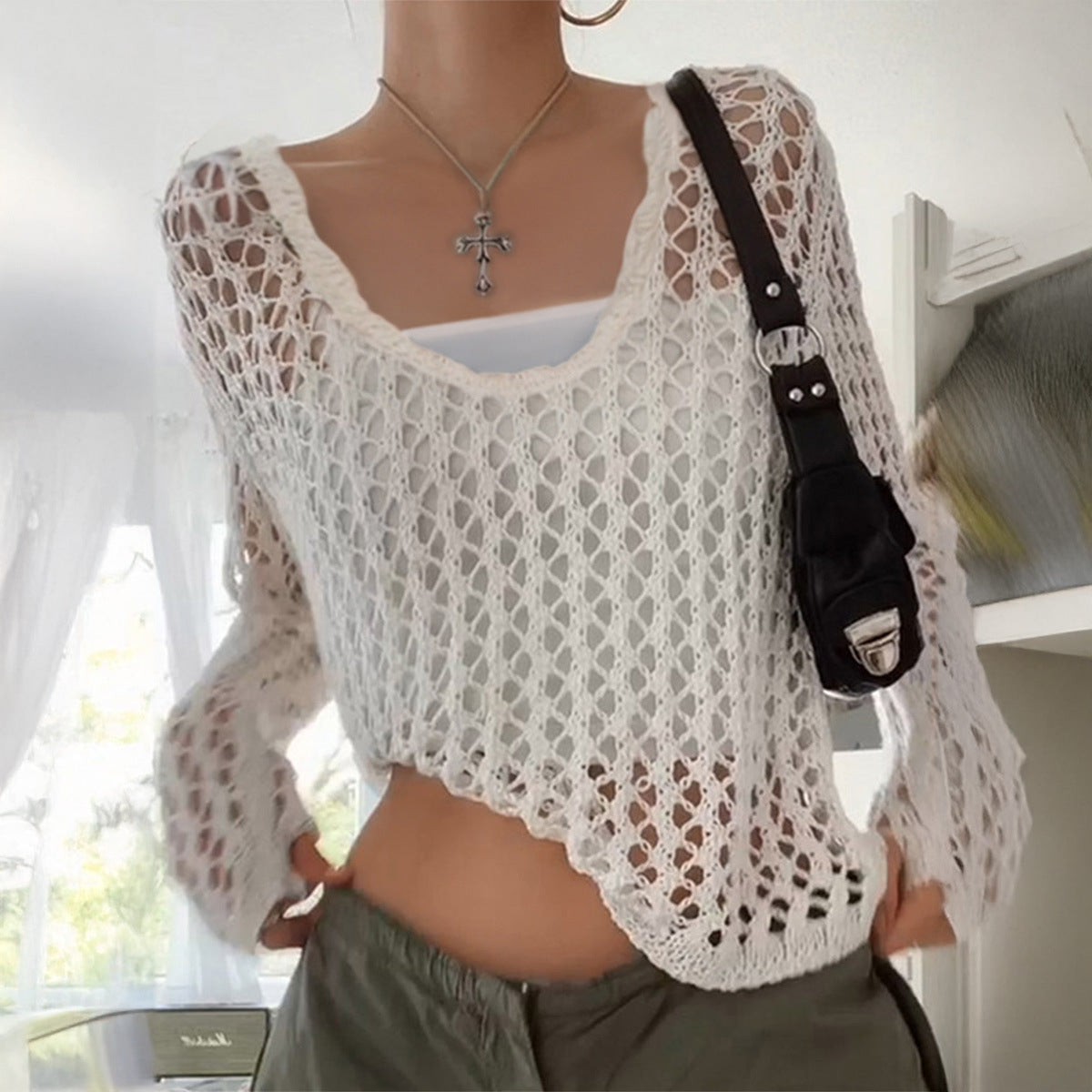 Hot Girl Style Long Sleeve Hollow T-shirt Woolen Women's Clothing - Elevate Your Wardrobe with Every Thread