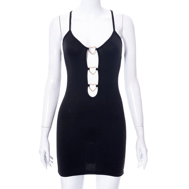 Hollow Out Black Bodycon Woman Dress Camisole Heart Ring Decor Club Sexy Party Dress For Women - Elevate Your Wardrobe with Every Thread
