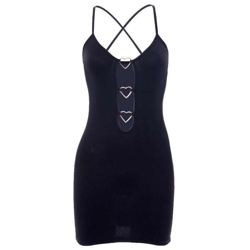 Hollow Out Black Bodycon Woman Dress Camisole Heart Ring Decor Club Sexy Party Dress For Women - Elevate Your Wardrobe with Every Thread