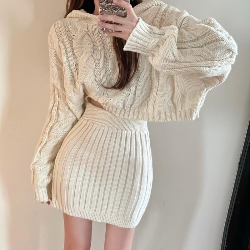 Retro Style Fashionable Hooded Twist Knit Sweater Skirt Suit - Elevate Your Wardrobe with Every Thread
