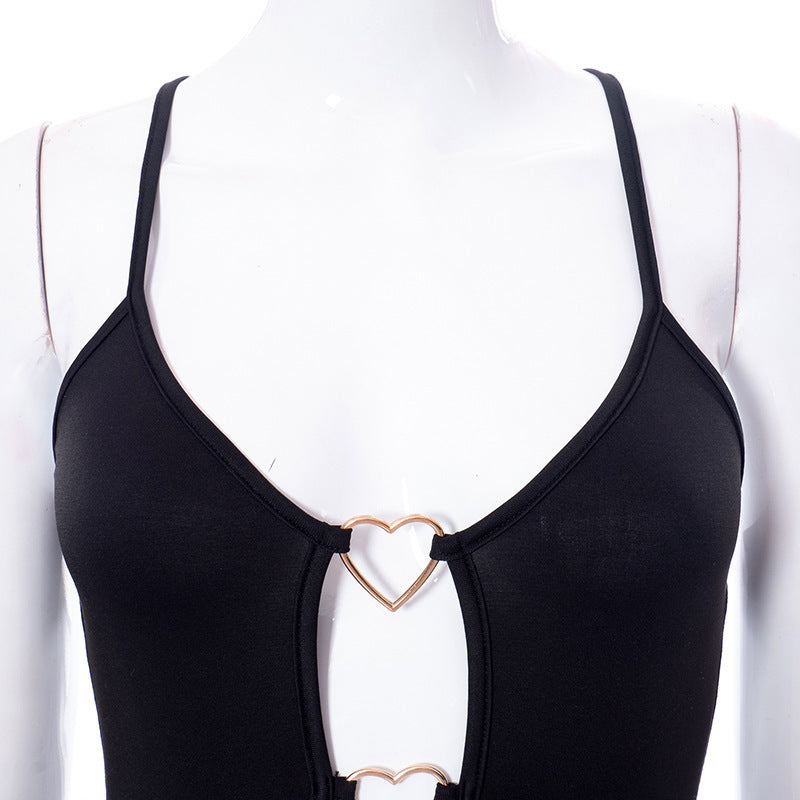 Hollow Out Black Bodycon Woman Dress Camisole Heart Ring Decor Club Sexy Party Dress For Women - Elevate Your Wardrobe with Every Thread