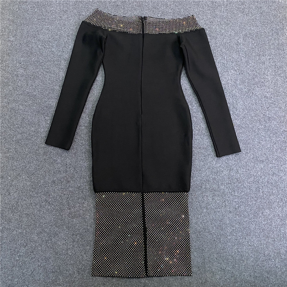 Sexy Women Clothing New Off-shoulder Long Sleeve Mesh Diamond-embedded Party Bandage One-piece Dress - Elevate Your Wardrobe with Every Thread