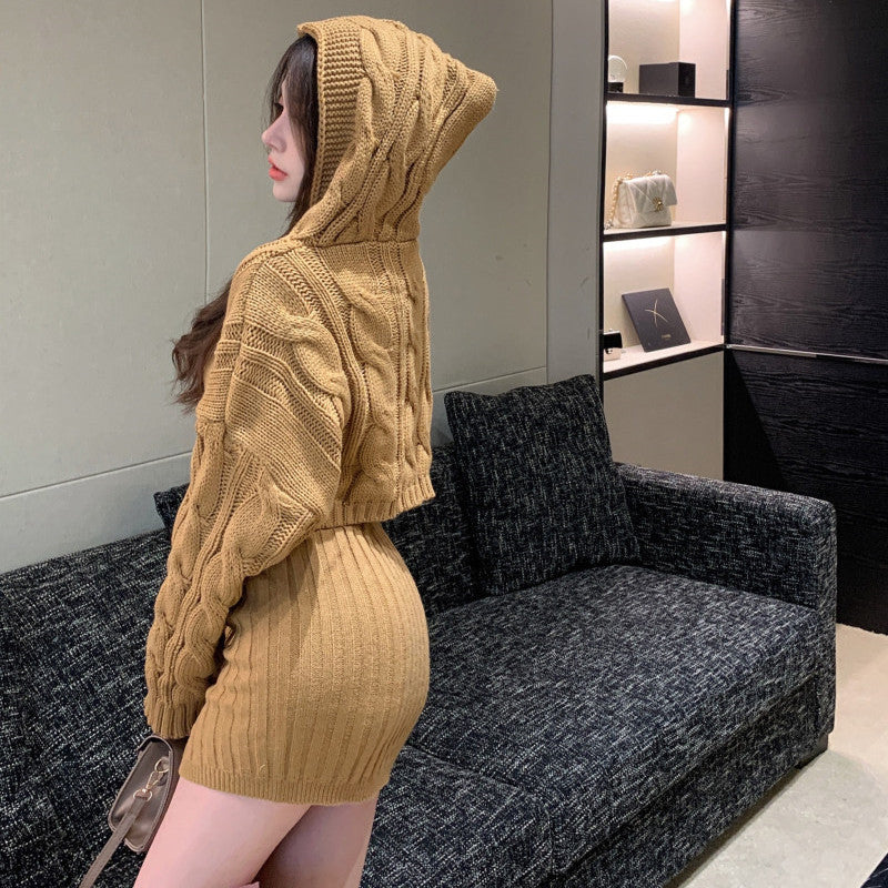Retro Style Fashionable Hooded Twist Knit Sweater Skirt Suit - Elevate Your Wardrobe with Every Thread