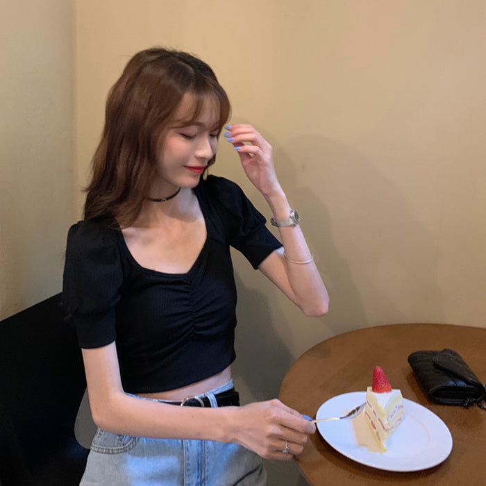 Bubble Sleeve Knitted Short Sleeve T-shirt Women''s Summer Short - Elevate Your Wardrobe with Every Thread