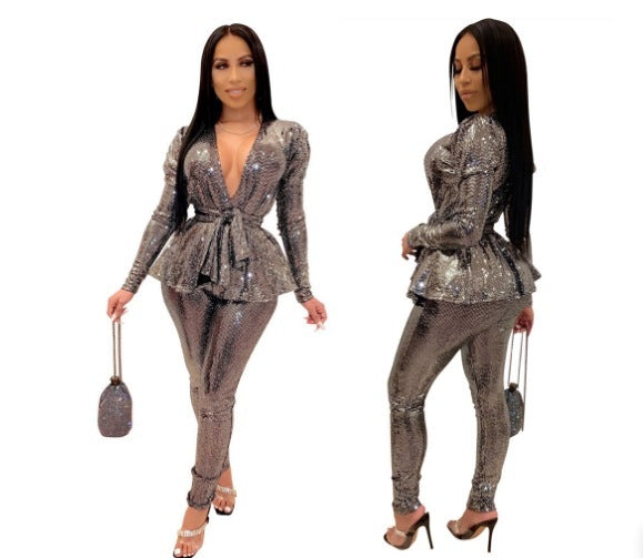 Slim Fit Fashion Bronzing Cloth Long Sleeve Suit With Belt - Elevate Your Wardrobe with Every Thread