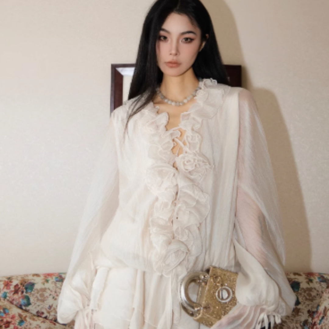 Lace Lantern Sleeve Shirtbase Shorts SetWomens Twopiece Set