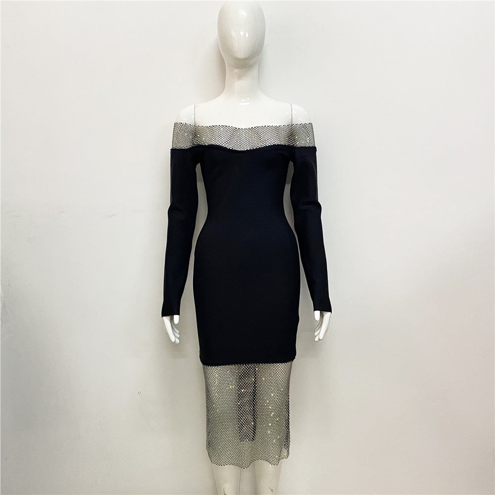 Sexy Women Clothing New Off-shoulder Long Sleeve Mesh Diamond-embedded Party Bandage One-piece Dress - Elevate Your Wardrobe with Every Thread