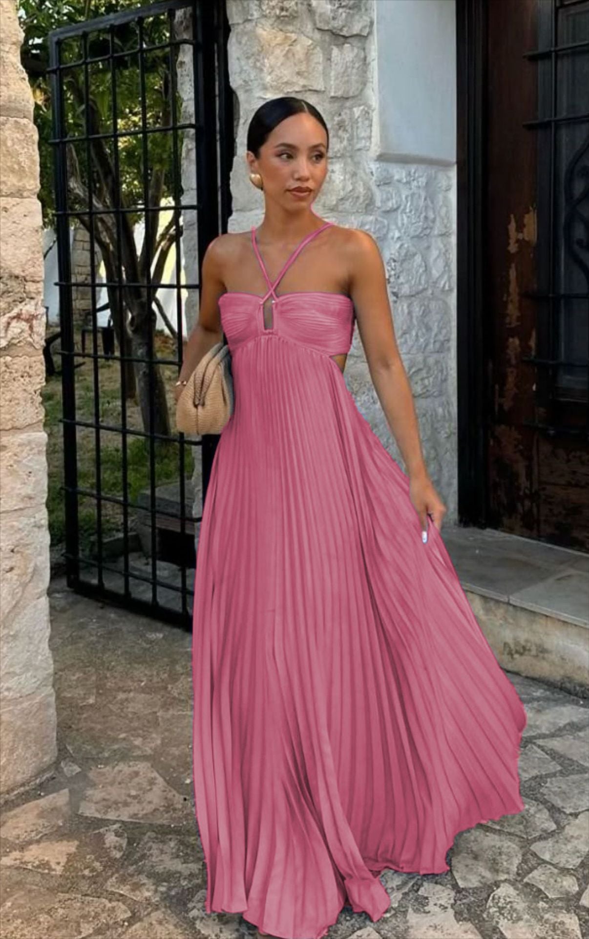 Ins Pleated Sleeveless Sling Dress Hollow High Waist Halter Robe Dresses For Evening Party Club Clothing Women - Elevate Your Wardrobe with Every Thread